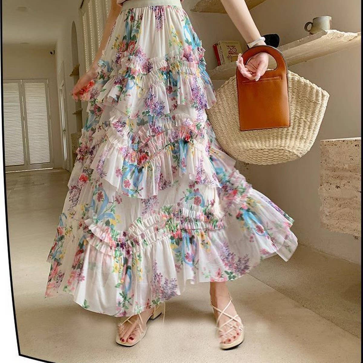 COLORFUL FLORAL MESH PRINT PLEATED TULLE SKIRT
