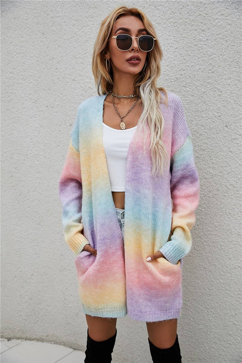 CWOCAL0935_RAINBOW TIE-DYE MID-LENGTH KNITTED CARDIGAN COAT