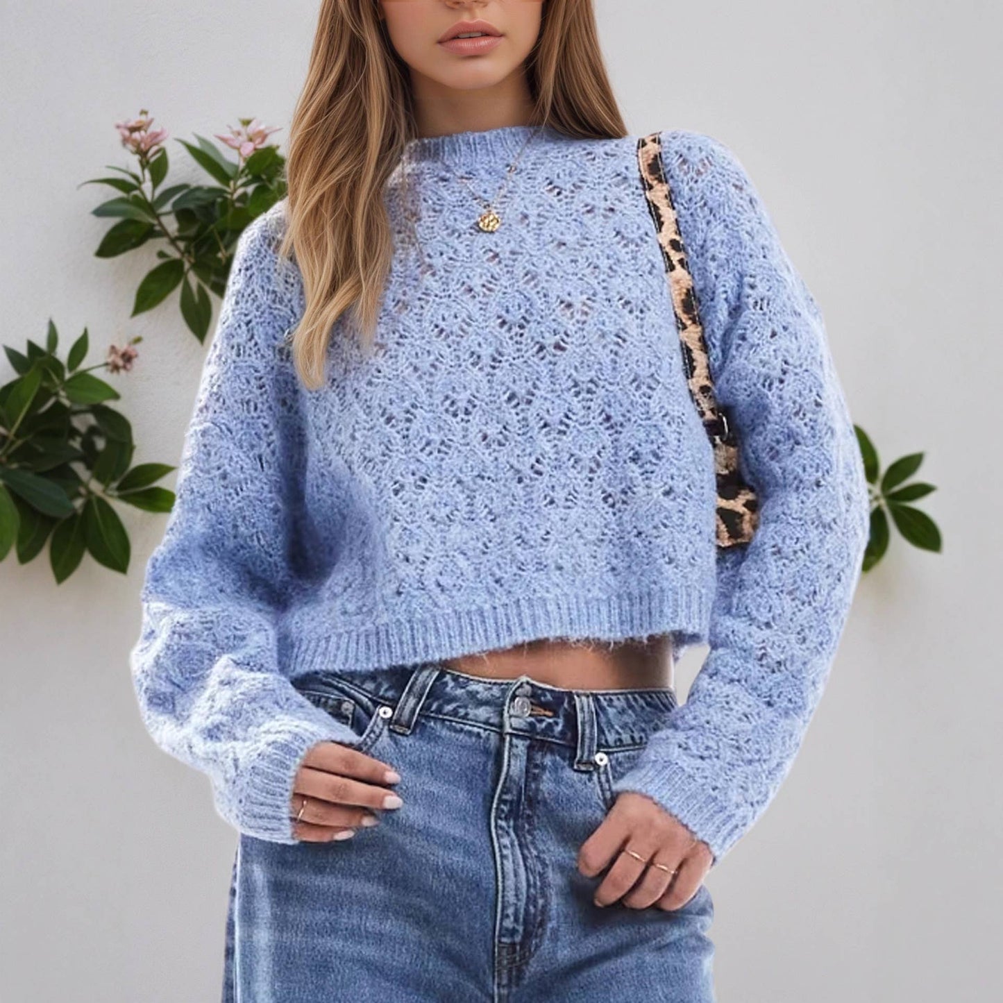 Hook-patterned hollowed-out pullover sweater