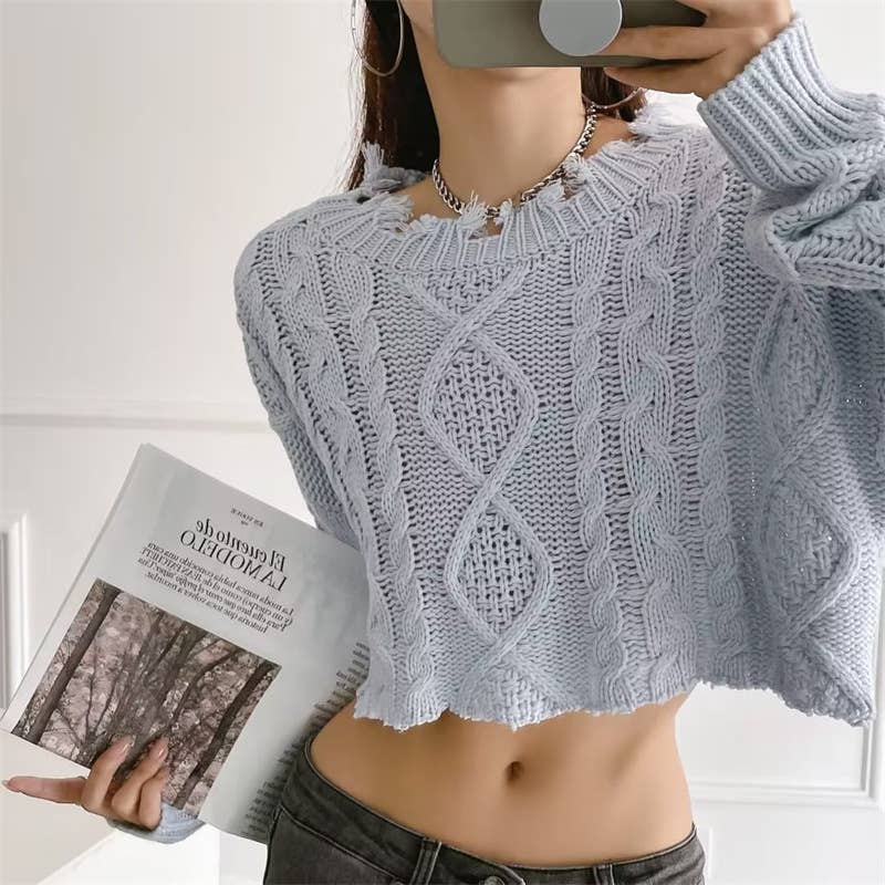 SHORT LONG SLEEVE SOLID COLOR PULLOVER SWEATER