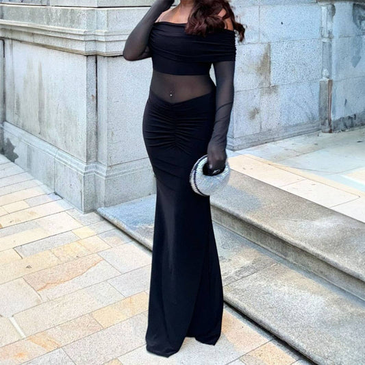 ONE-SHOULDER SLIM-FIT SEE-THROUGH MESH DRESS