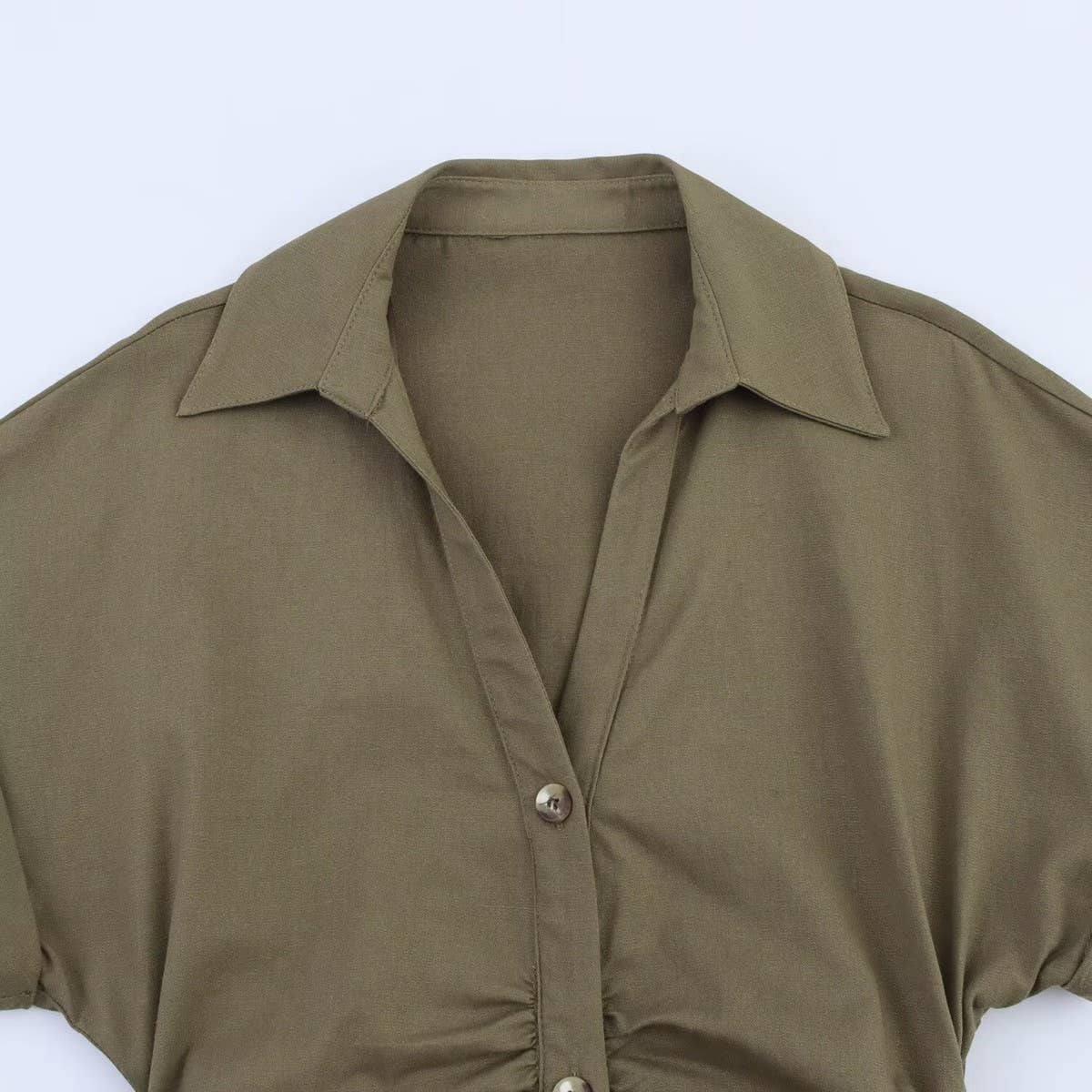 Linen Collared Short Sleeve Midi Dress for Women