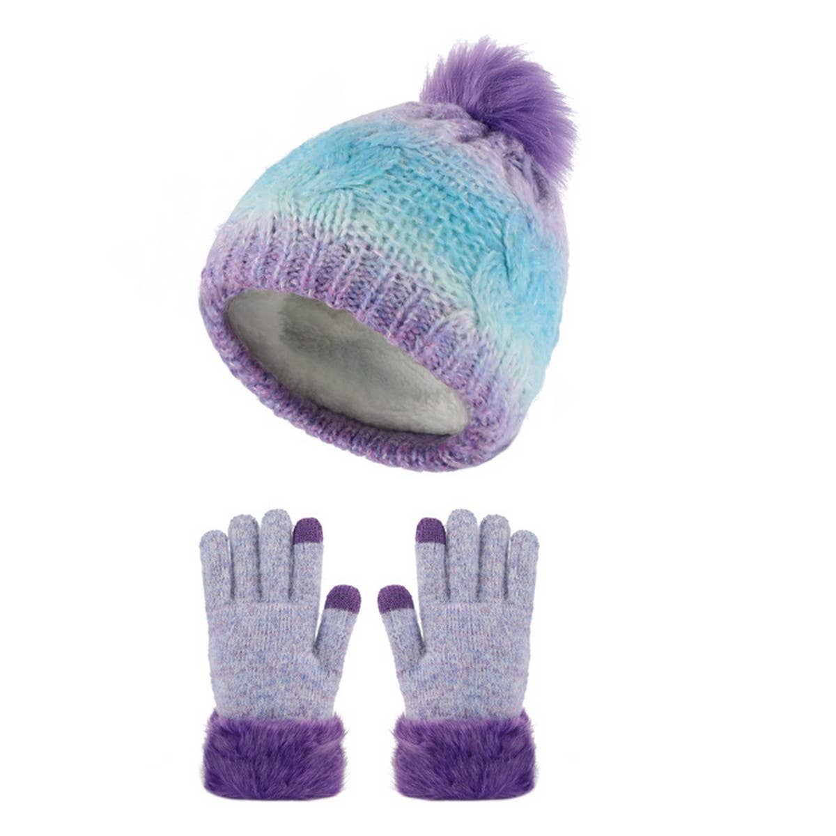 CHILDREN'S FUR BALL HAT AND GLOVES TWO-PIECE SET