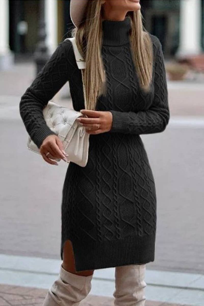 LONG-SLEEVED PULLOVER SWEATER DRESS WITH LAPEL