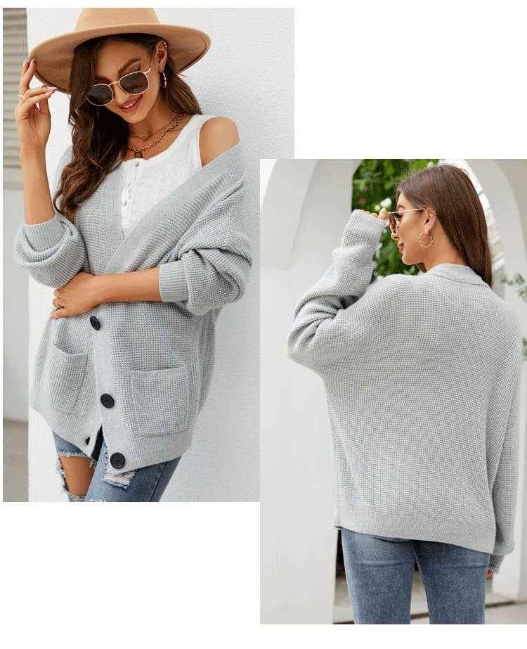 Temperament V-neck loose solid color knit cardigan