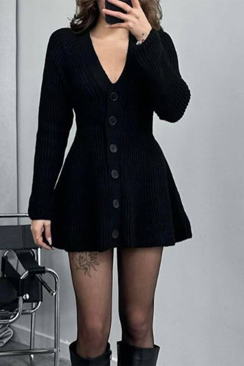 CWDSD10835_V-NECK SOLID LONG SLEEVE SWEATER DRESS