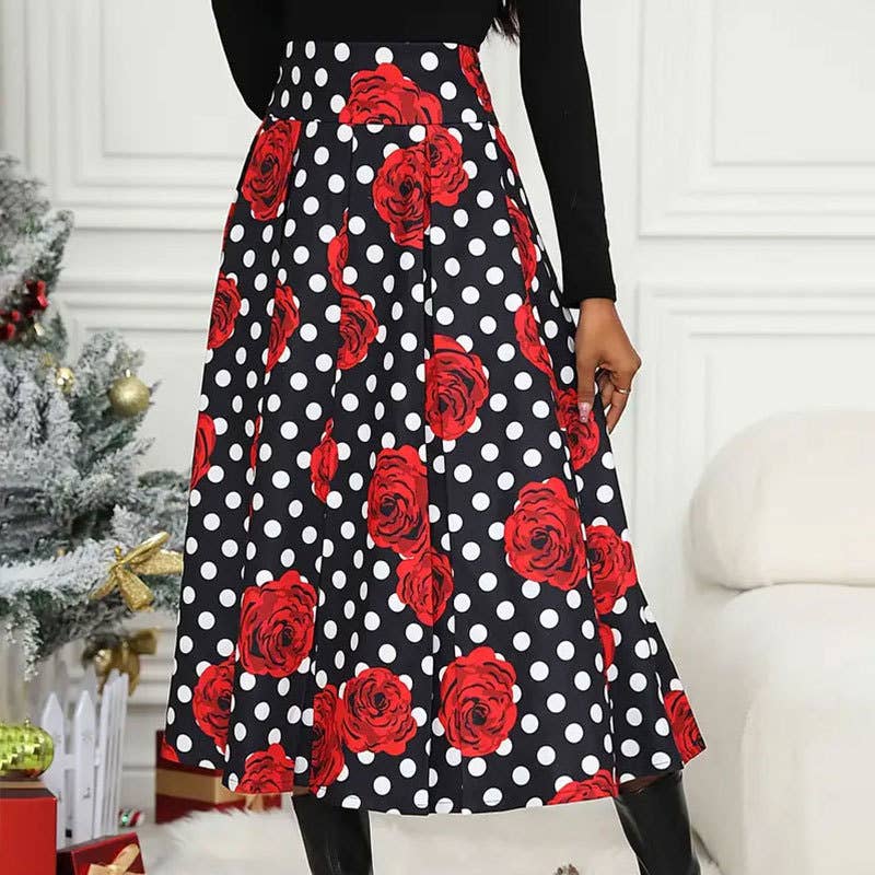 Mid-length skirt with high-waisted polka dot