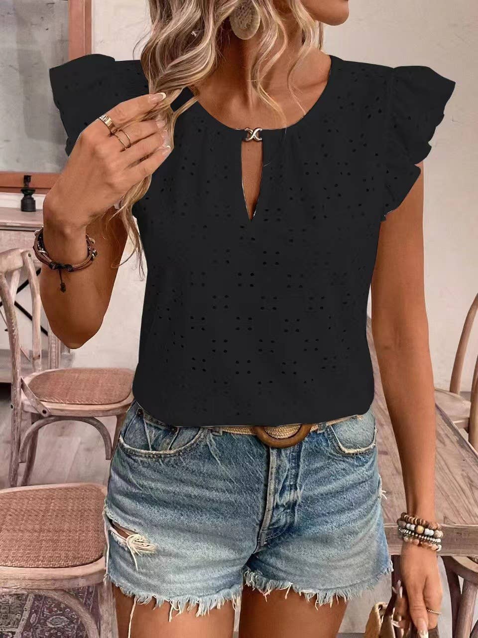 Jacquard V-neck pusher short-sleeved T-shirt