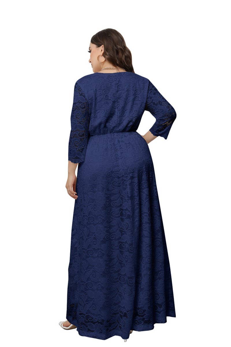 CWDMD3208_PLUS SIZE V NECK LACE LONG GOWN DRESS