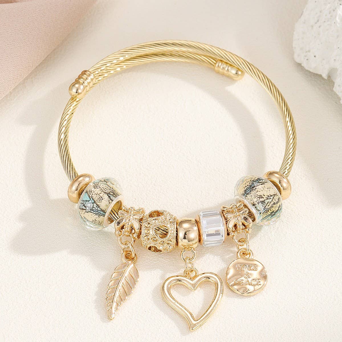 Gold Steel Bracelet with Bear & Heart Charms
