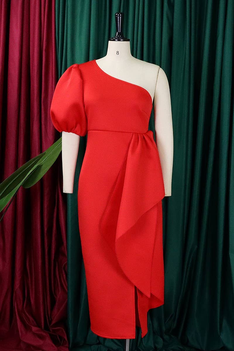 CWDMD1731_PLUS SIZE SLOPE NECK SLIT RUFFLED MIDI DRESS