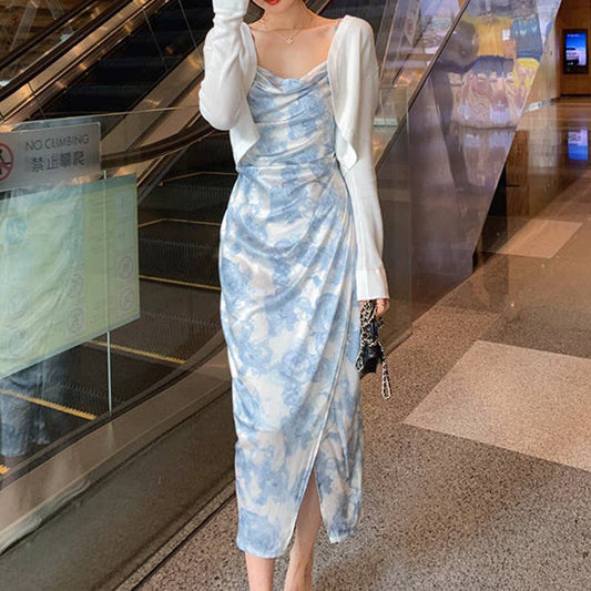 Printed slit sleeveless halter dress