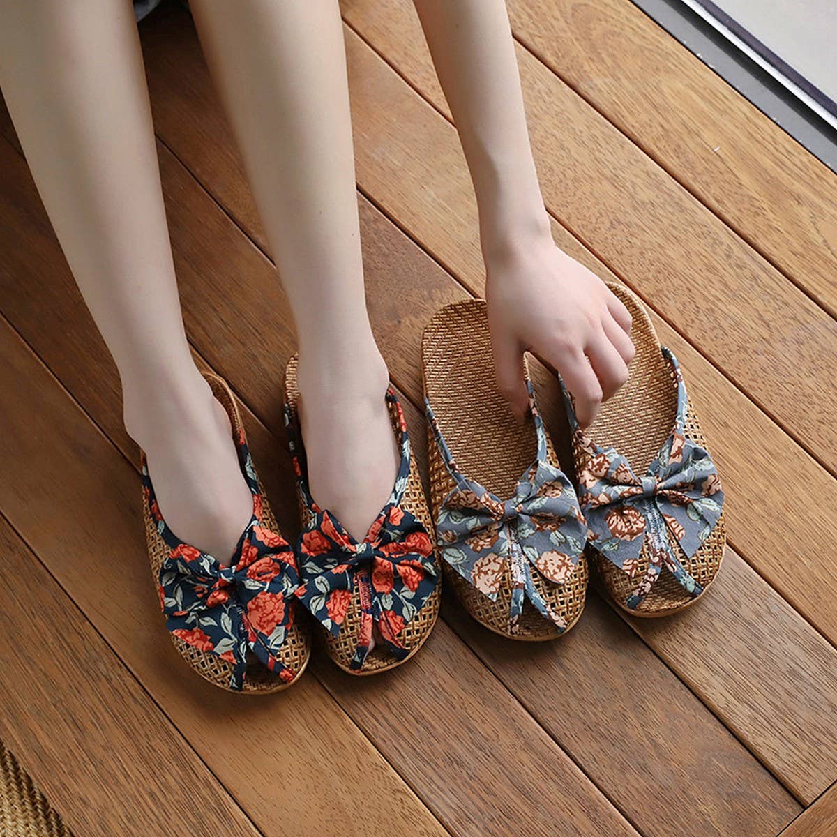 Summer Woven Linen Bow Mules for Home