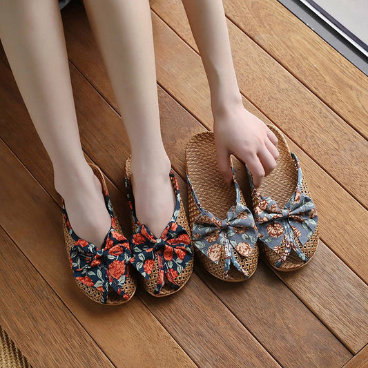 Summer Woven Linen Bow Mules for Home