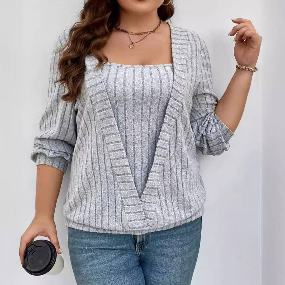 PIT STRIP V-NECK LONG SLEEVE FAKE TWO-PIECE SET