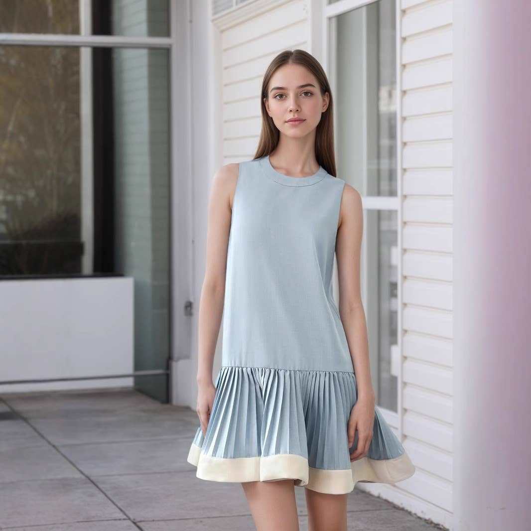 Pleated skirt hem two-color spliced dress