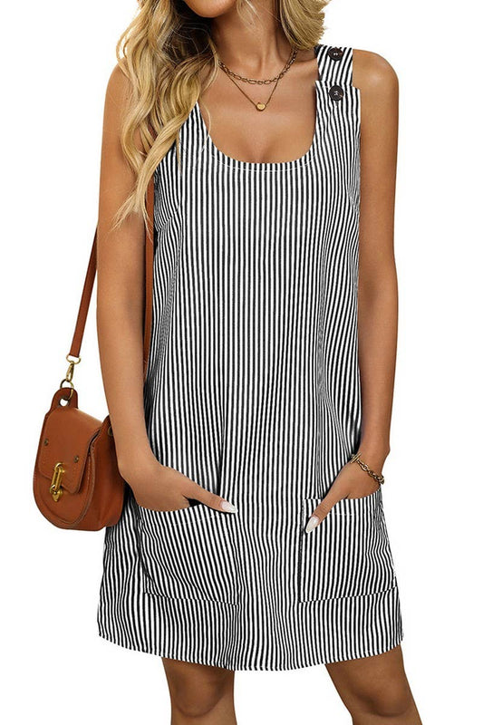 CWDSD7261_CREW NECK POCKET STRIPE BUTTON SUSPENDER DRESS