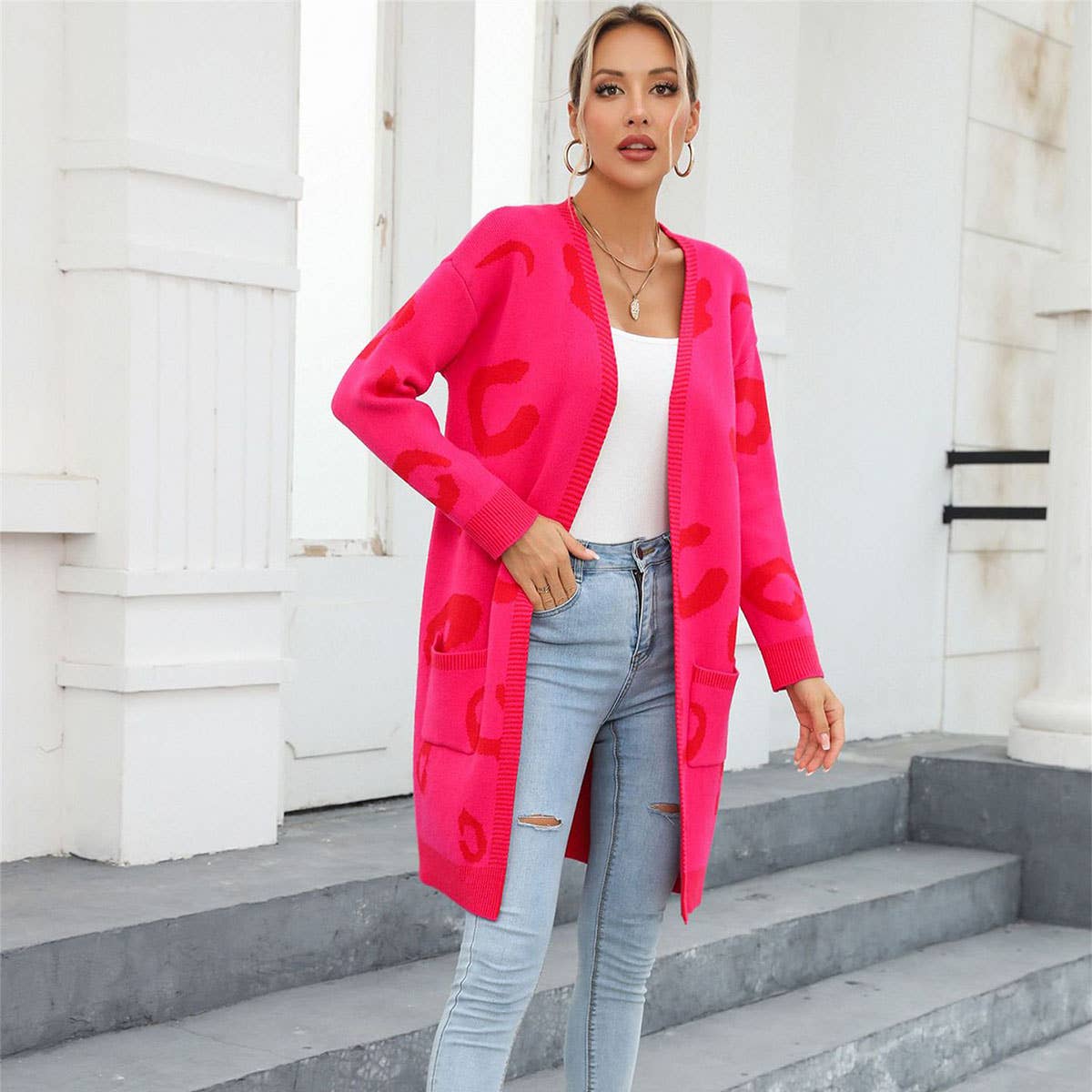 Leopard print jacquard long cardigan without button