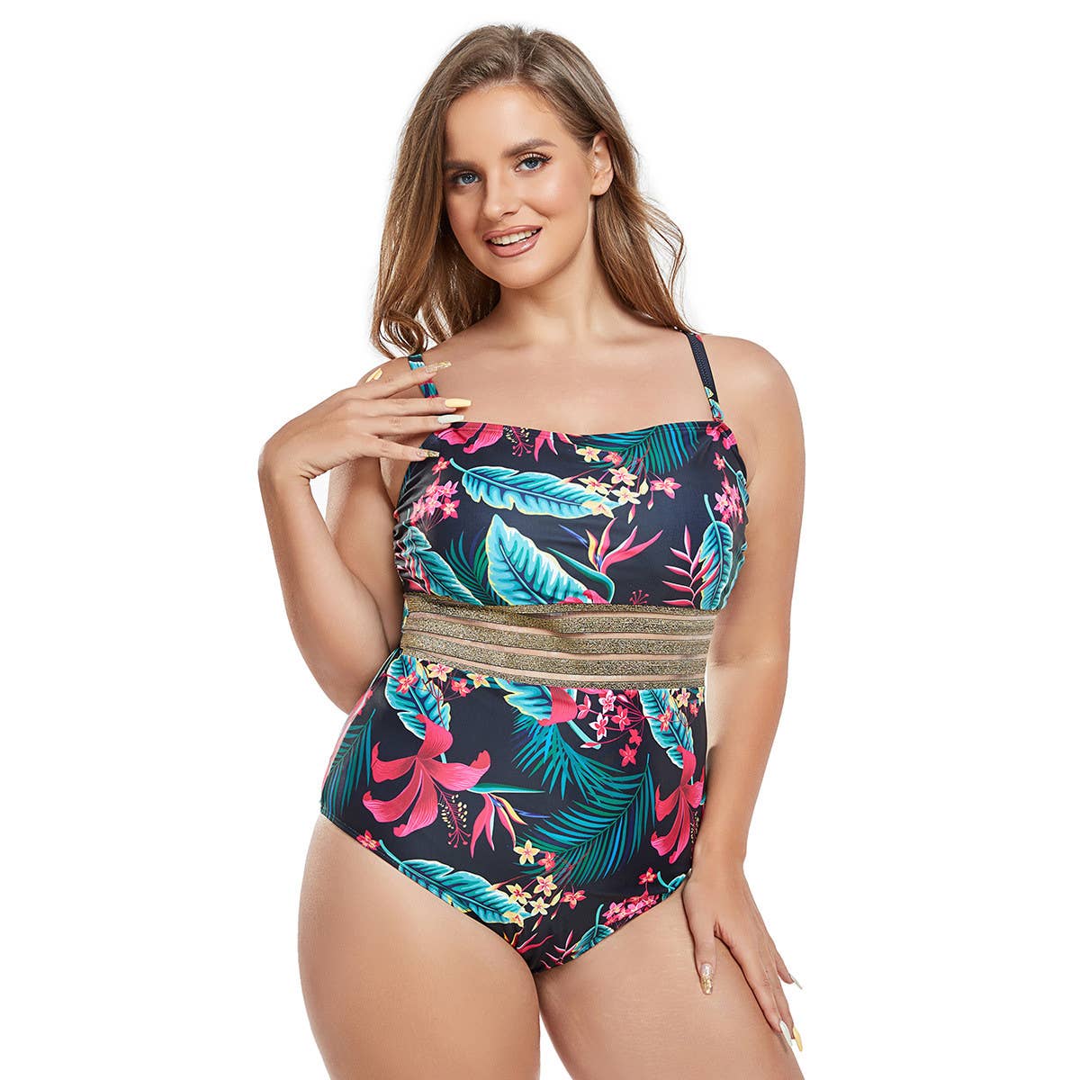 LARGE SIZE PATCHWORK ONE-PIECE SWIMSUIT