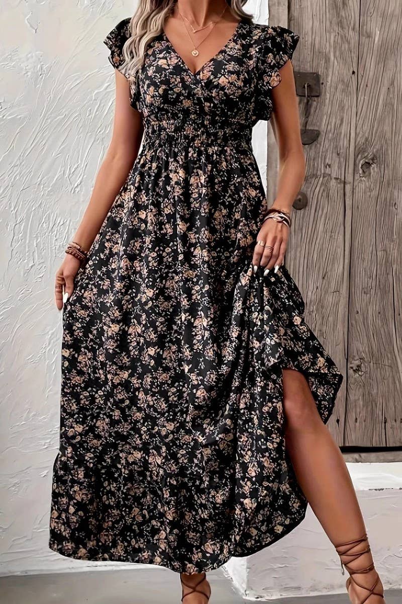 CWDMD6114_V-NECK FLORAL FRENCH STYLE SHORT SLEEVE DRESS