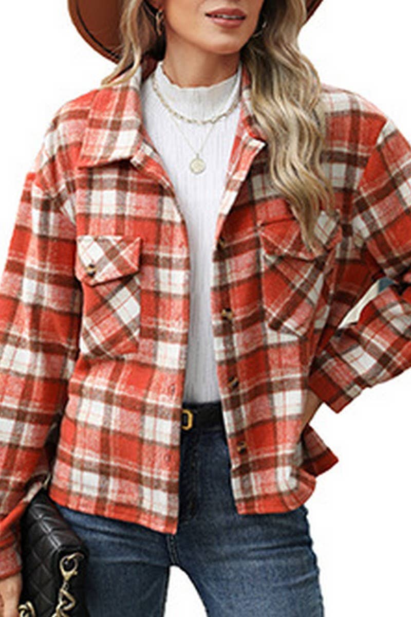 CWOCO0872_LONG SLEEVE LAPEL LOOSE POCKET PLAID COATS