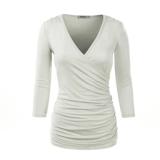 WOMEN SOLID V NECK SHIRT_CWTTL1404