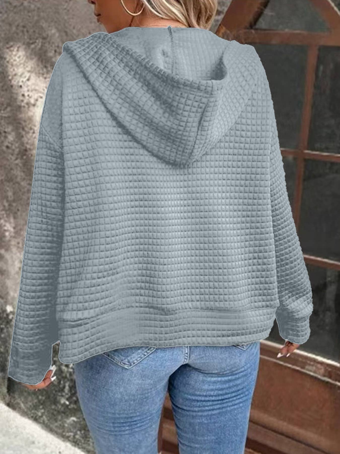 WAFFLE COAT WITH HOODED DRAWSTRING SPORTS ZIPPER