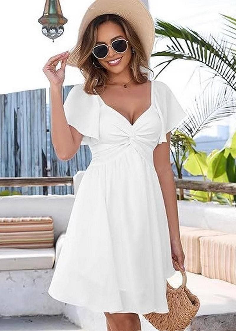 CWDSD10674_V NECK RUCHED WAIST CHIC MINI DRESS