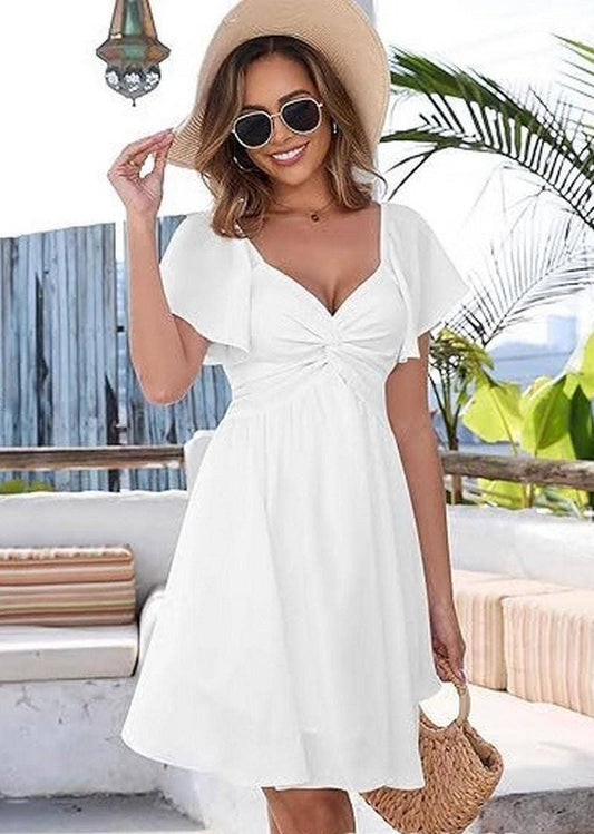 CWDSD10674_V NECK RUCHED WAIST CHIC MINI DRESS