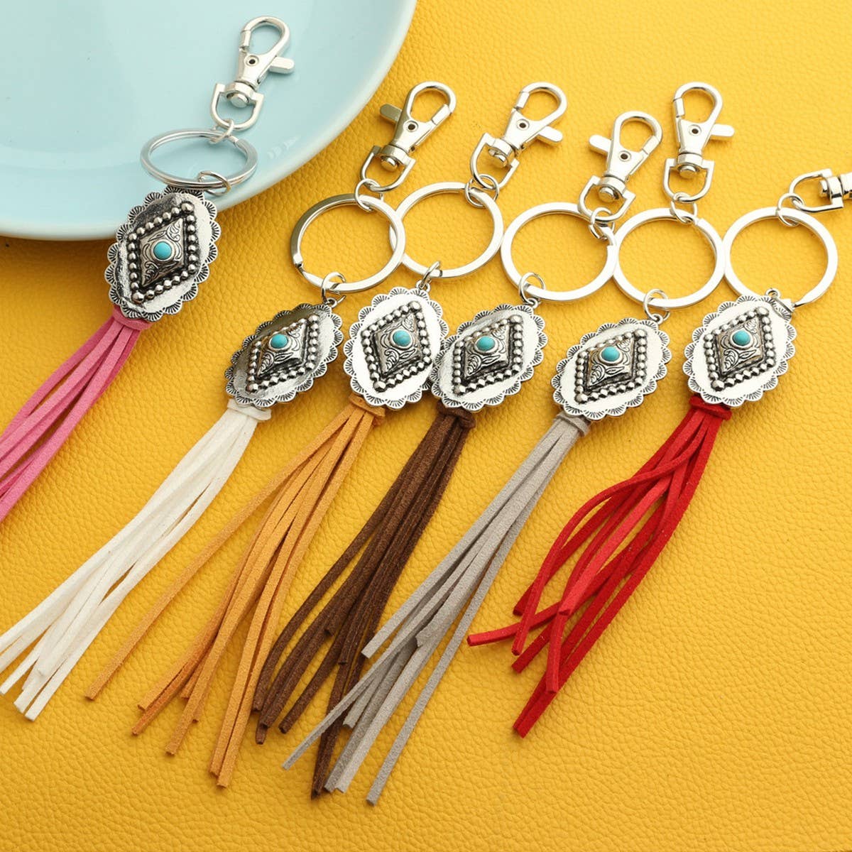 Boho DiamondKeychain withTassel and TurquoiseCharm_CWAB5082