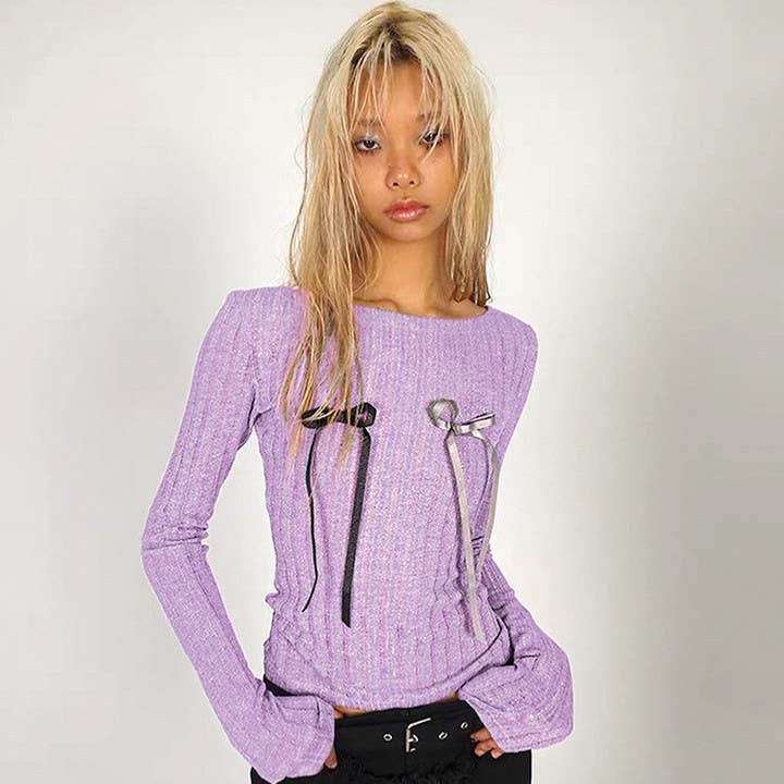 SOLID COLOR BOW ROUND NECK FASHION CASUAL TOP