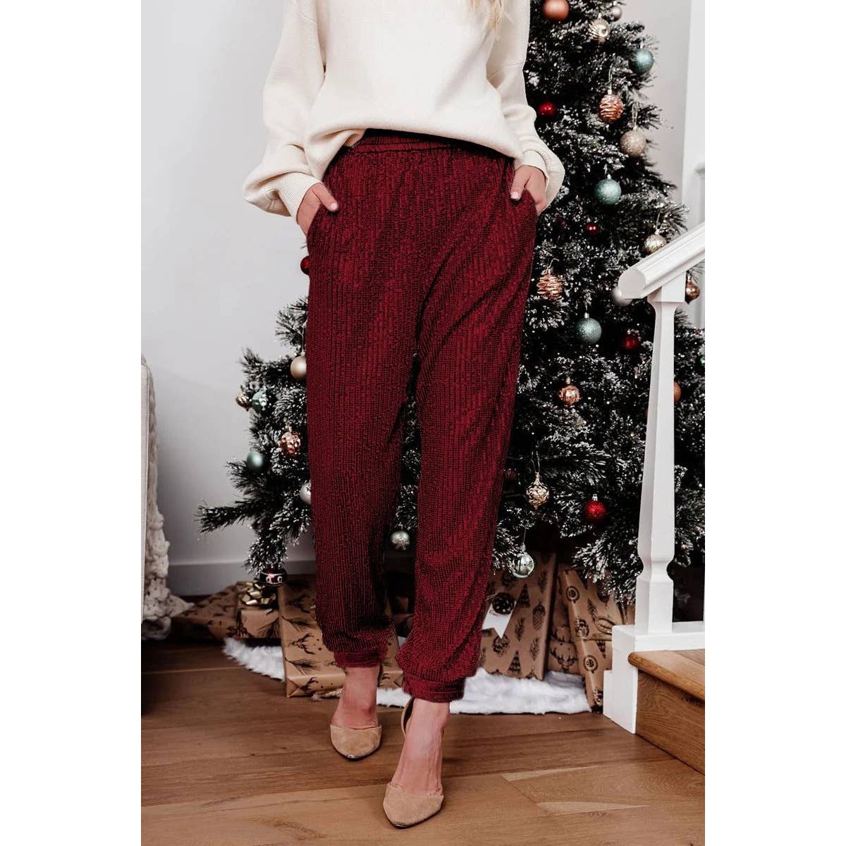THIN ELASTIC LEG SEQUIN BASIC WOMEN'S PANTS