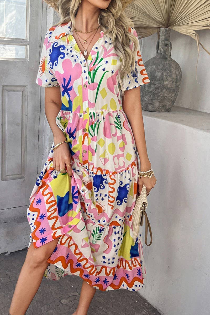 CWDMD5374_CASUAL HOLIDAY HIGH WAIST GEOMETRIC CONTRAST DRESS