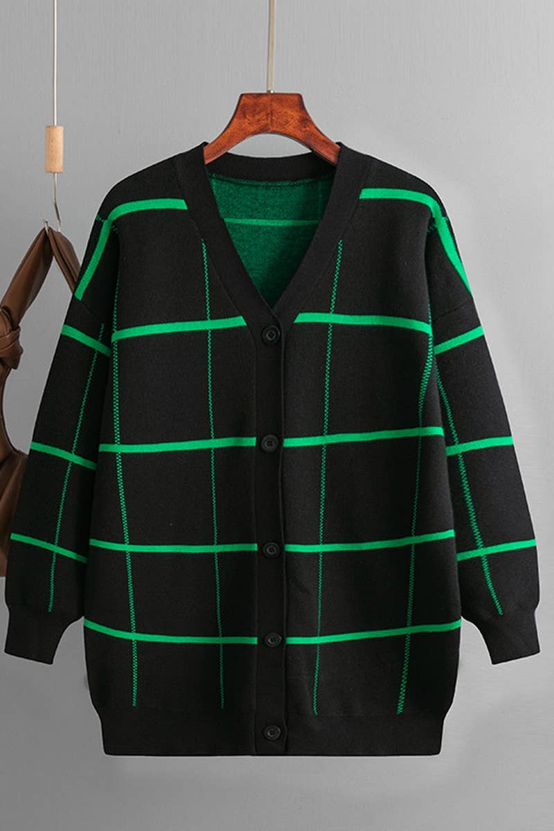 CWOCAL00671_STRIPED PLAID LOOSE KNIT CARDIGAN SWEATER