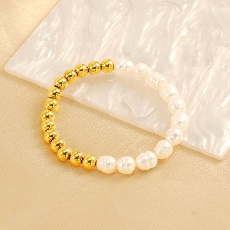 TITANIUM STEEL 18K BAROQUE SHAPED PEARL BRACELET