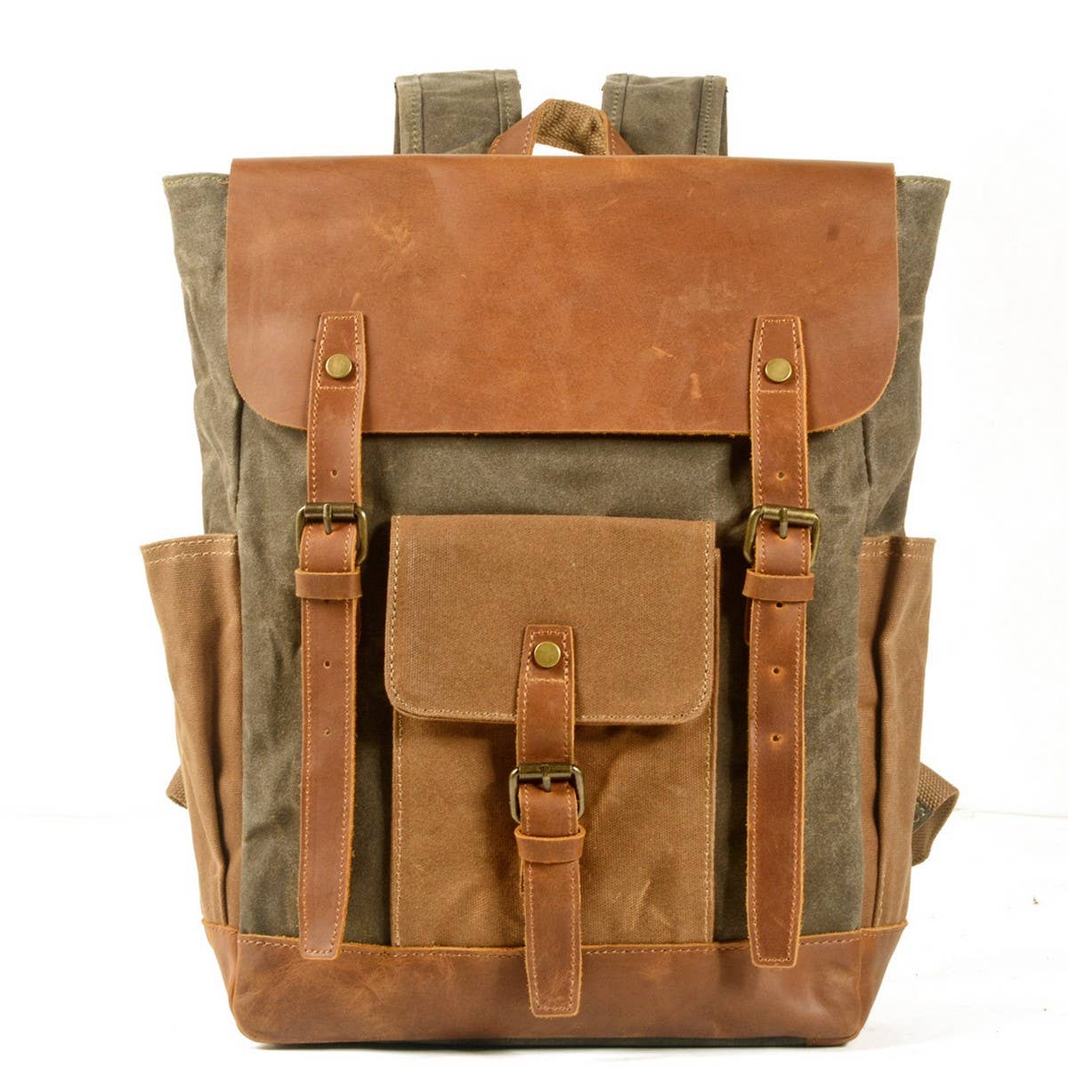 Unisex Waxed Canvas Laptop Backpack with Leather_CWAB5535