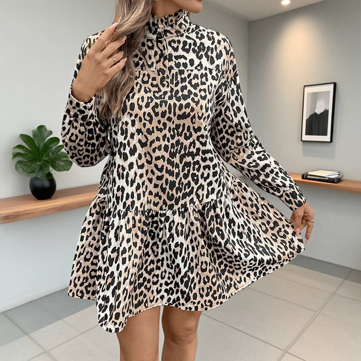 Retro leopard print stand-up collar A-line dress