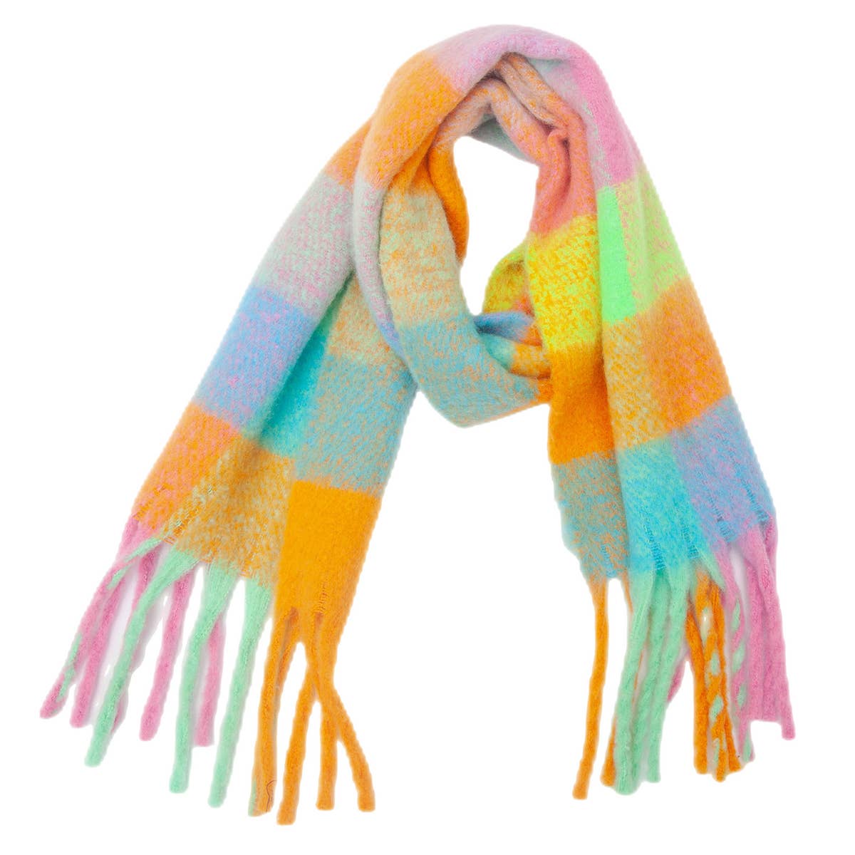 Chunky Plaid Mohair-Look Scarf with Fringes