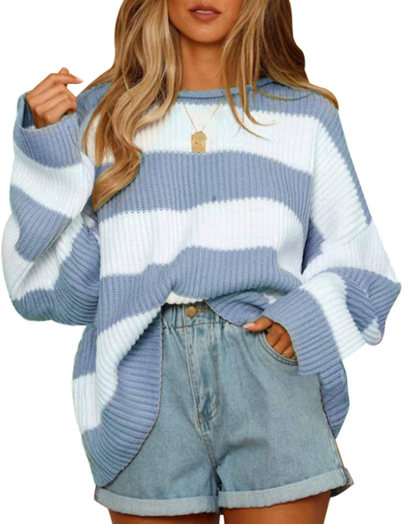 Temperament crew-neck long sleeve color striped sweater