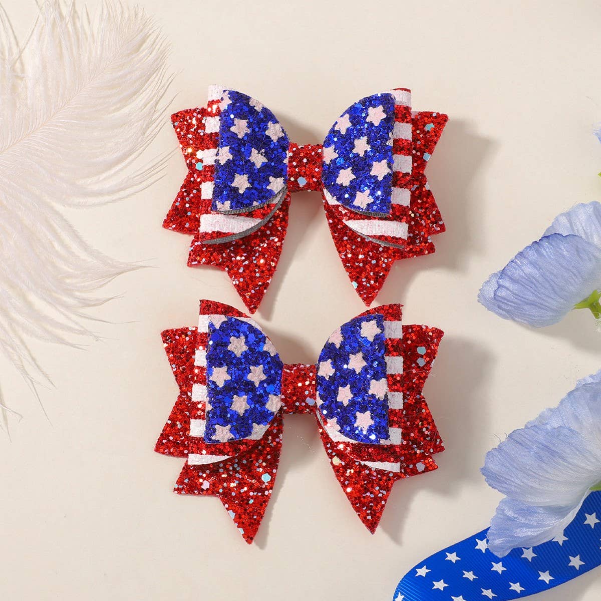 Glitter Star & Flag Bow Hair Clip Set for Kids