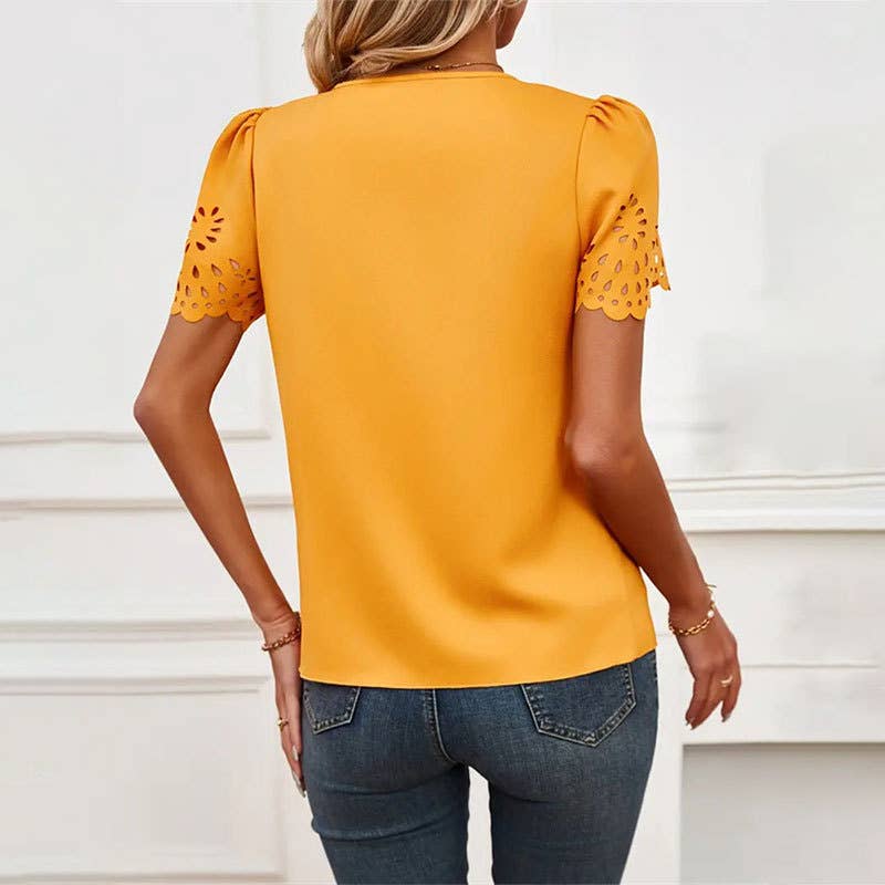Solid color V-neck burn out blouse