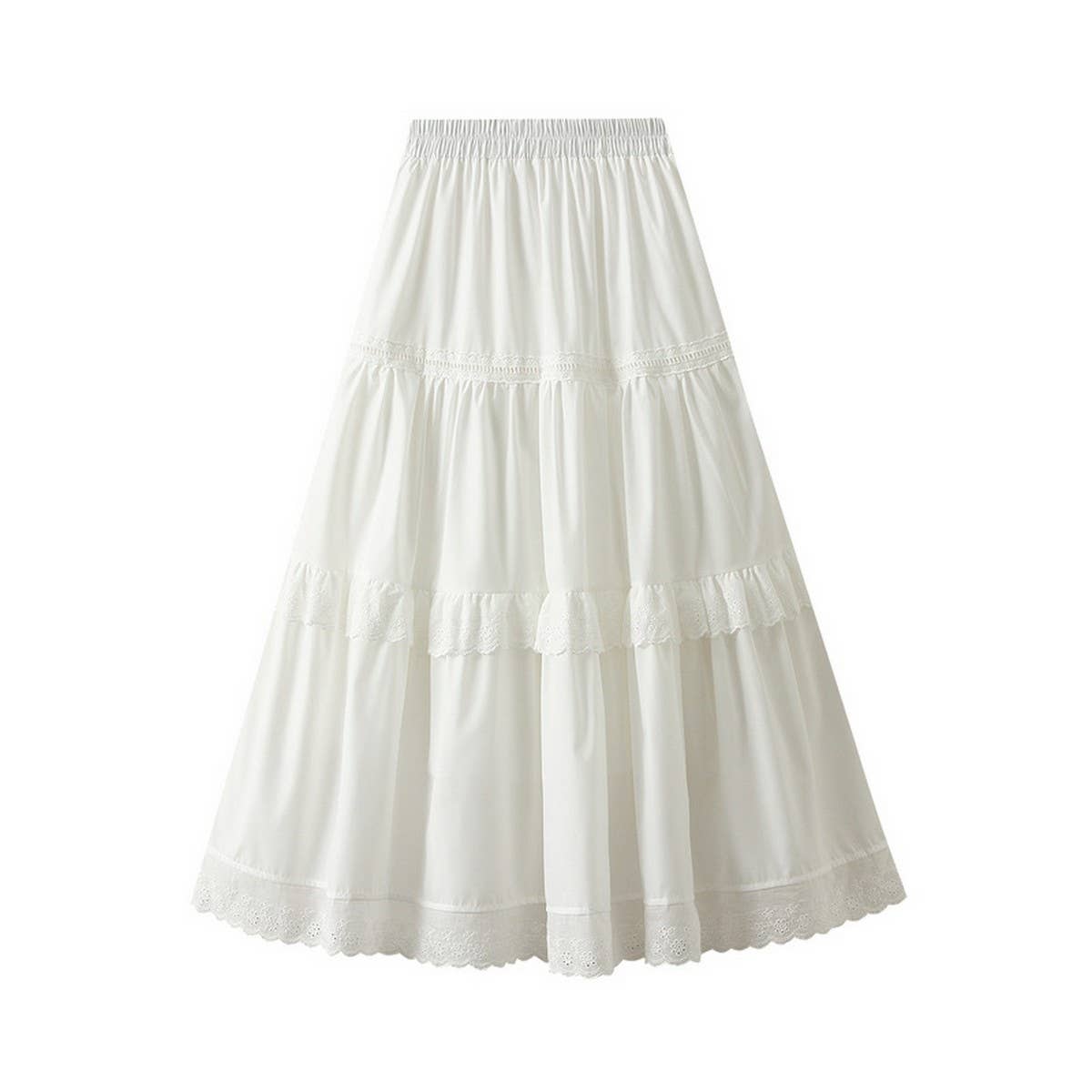 Lace Trim High-Waist Midi Cake Skirt
