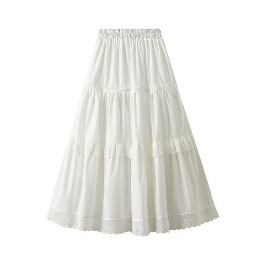 Lace Trim High-Waist Midi Cake Skirt
