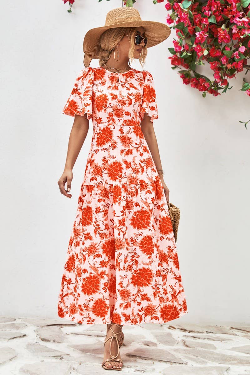 CWDMD2773_CREW NECK PRINTED FITTED MIDI DRESS