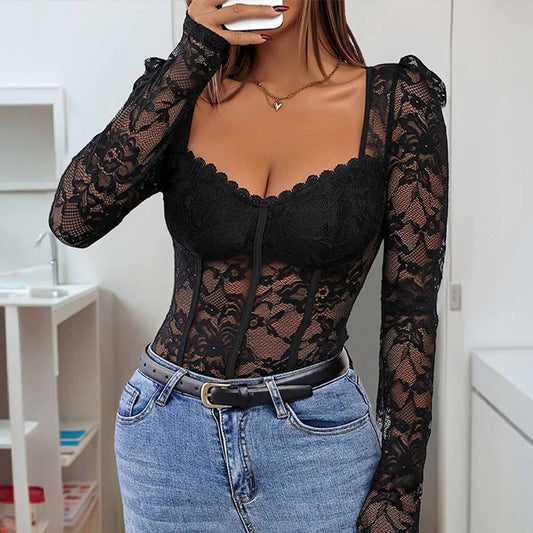 Elegant sexy lace patchwork square neck bodysuit