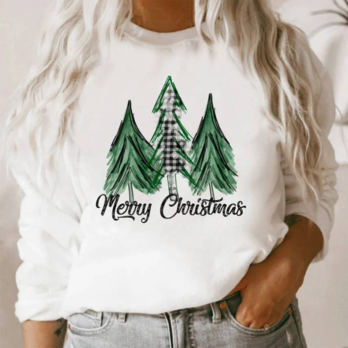 LADIES' CHRISTMAS LOOSE PRINTED CREW-NECK HOODIE
