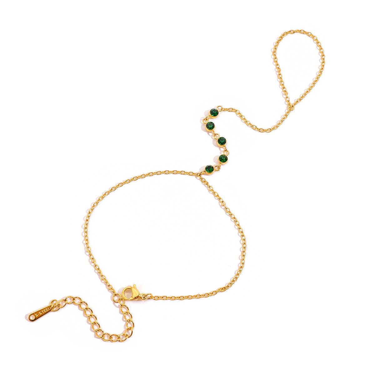 Luxury Green Zircon Finger Chain, 18K Gold Steel
