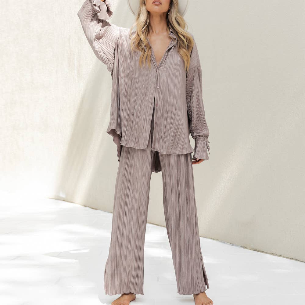 Fashion Pleated Shirt with Split Long Sleeve Set