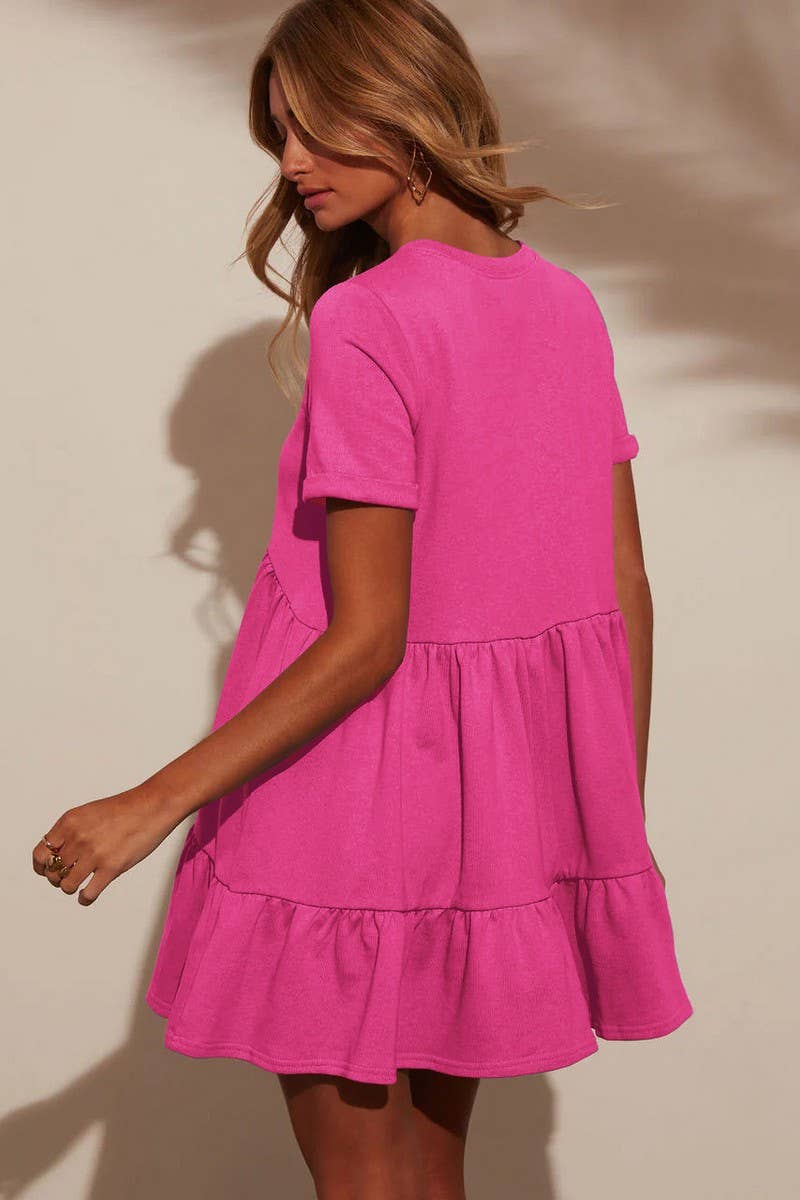 CWDSD7268_ROUND NECK POCKET SHORT SLEEVE PLEATED DRESS