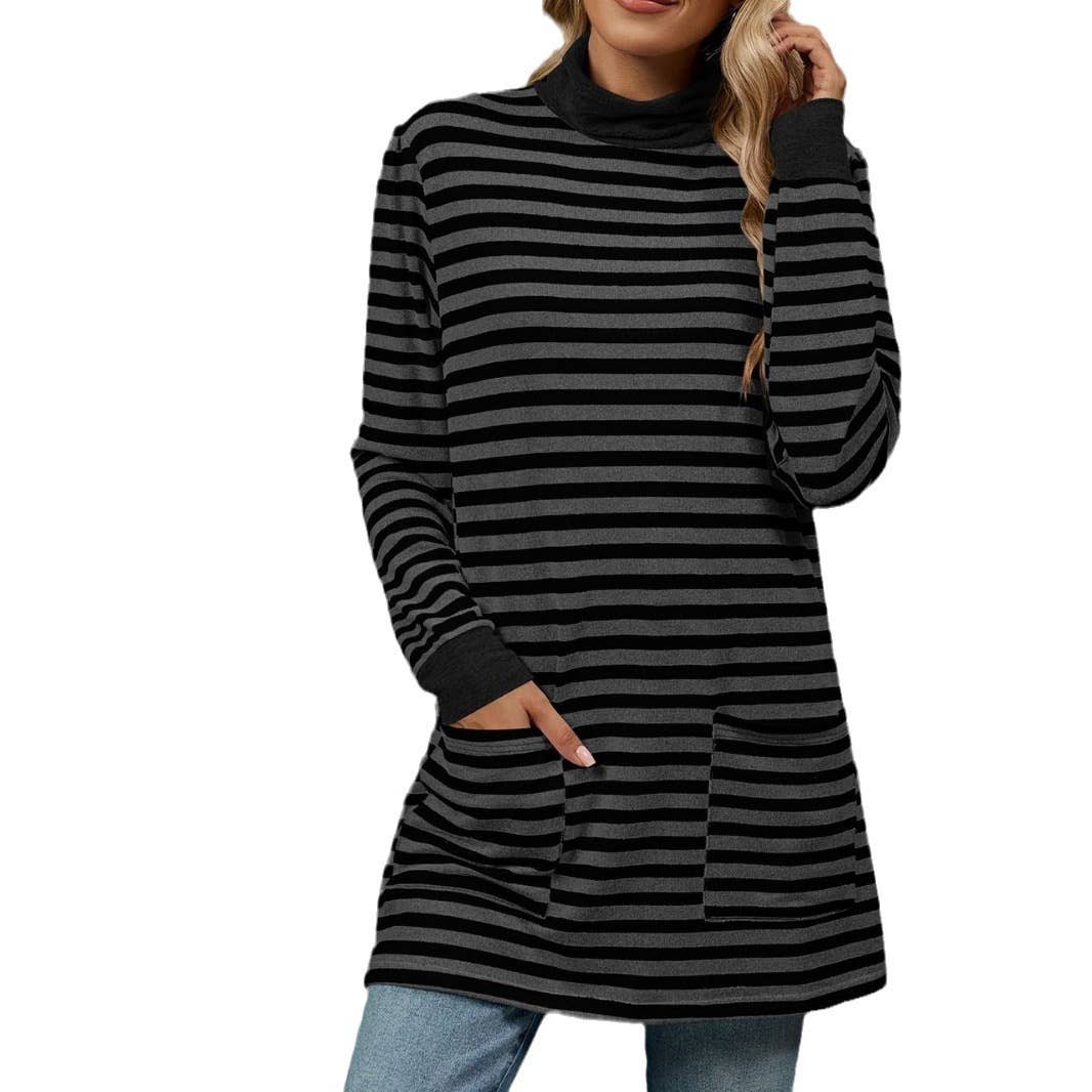 STRIPED BAGGY POCKET HIGH-NECK LONG-SLEEVED SHIRT